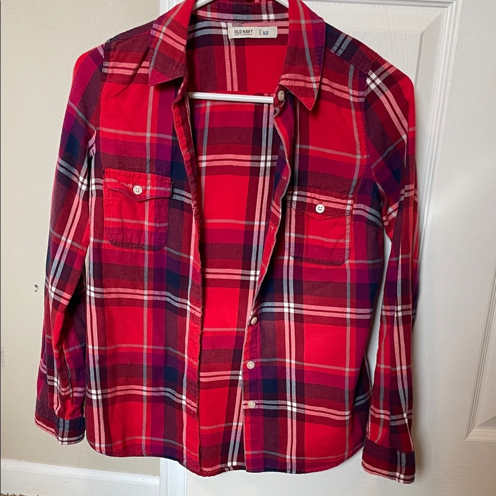 Old Navy Red Plaid Button-Front Shirt with Navy Accents